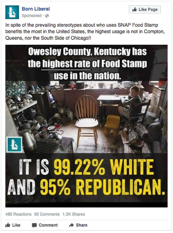 A screenshot of a Facebook ad sponsored by “Born Liberal.” The ad copy reads, “In spite of the prevailing stereotypes about who uses SNAP Food Stamp benefits the most in the United States, the highest usage is not in Compton, Queens, nor the South Side of Chicago.” The image is formatted as a meme. A photograph of a young, white boy in a cluttered kitchen. The meme text reads: “Owesley County, Kentucky has the *highest rate* of Food Stamp use in the nation. IT IS 99.22% WHITE AND 95% REPUBLICAN.” The ad features a “Like Page” button and indicates 485 reactions, 92 comments, and 1.3K shares.