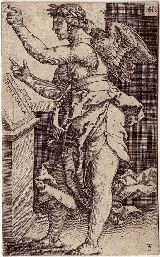 Hans Sebald Beham’s *Rhetorica* (1500-1550), portrayed in the traditional style as a winged woman mid-speech.