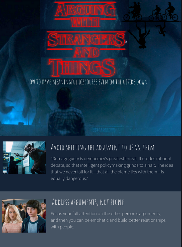 Partial screen shot of Imgur album cover page by student group, showing image from Netflix show “Stranger Things,” student campaign title “Arguing with Strangers and Things,” and two rules for conducting fair arguments.