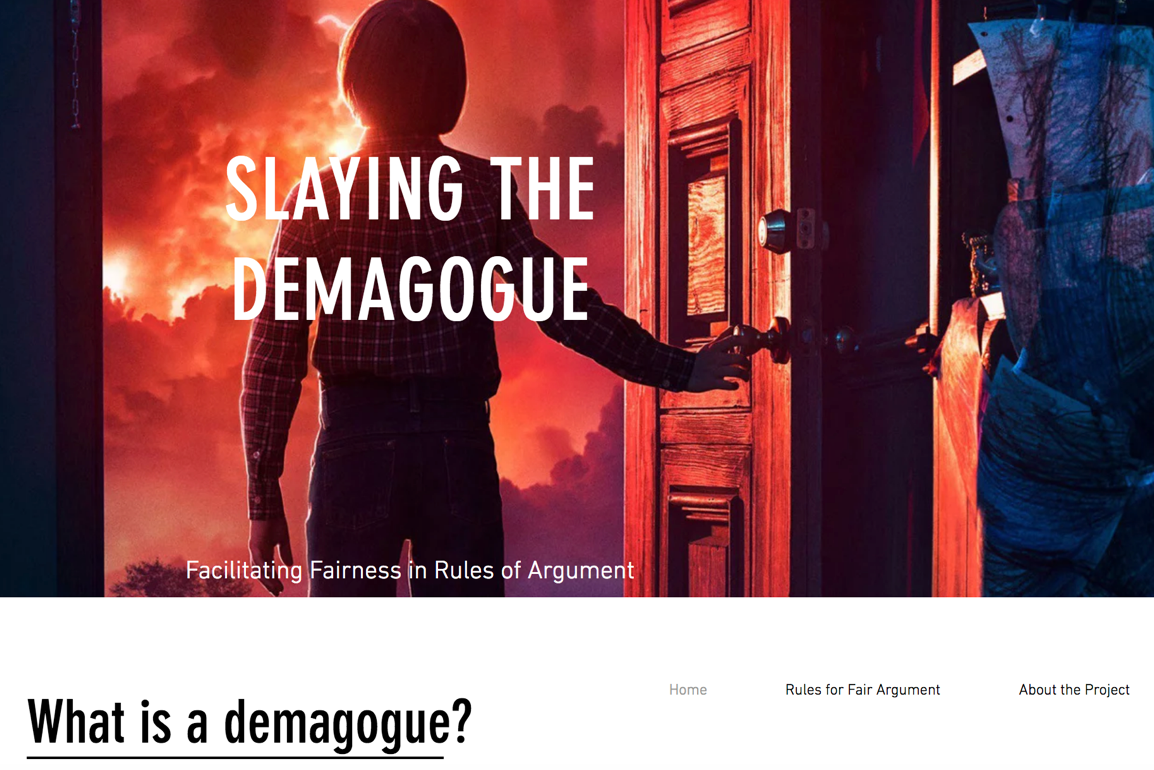 Partial screen shot of web page by student group, showing image from Netflix show 'Stranger Things,' page title 'Slaying the Demagogue,' and page nav bar.